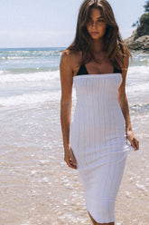 Robe mi-longue bustier en tricot côtelé polyvalente pour les vacances à la plage - Blanc